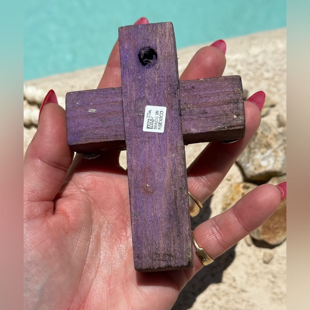 Milagros Silver Metal Charm Spanish Folk Art Painted Wood Cross-Violet - Picture 7 of 7